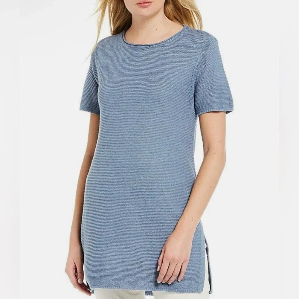 Eileen Fisher Blue Short-Sleeve Sweater with Striped Scarf